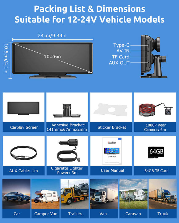 ESSGOO 1026SCP 10.26" IPS CarPlay Screen for Cars, Wireless Apple CarPlay & Android Auto, Bluetooth 5.3, FM, 64GB TF Card Support, AUX