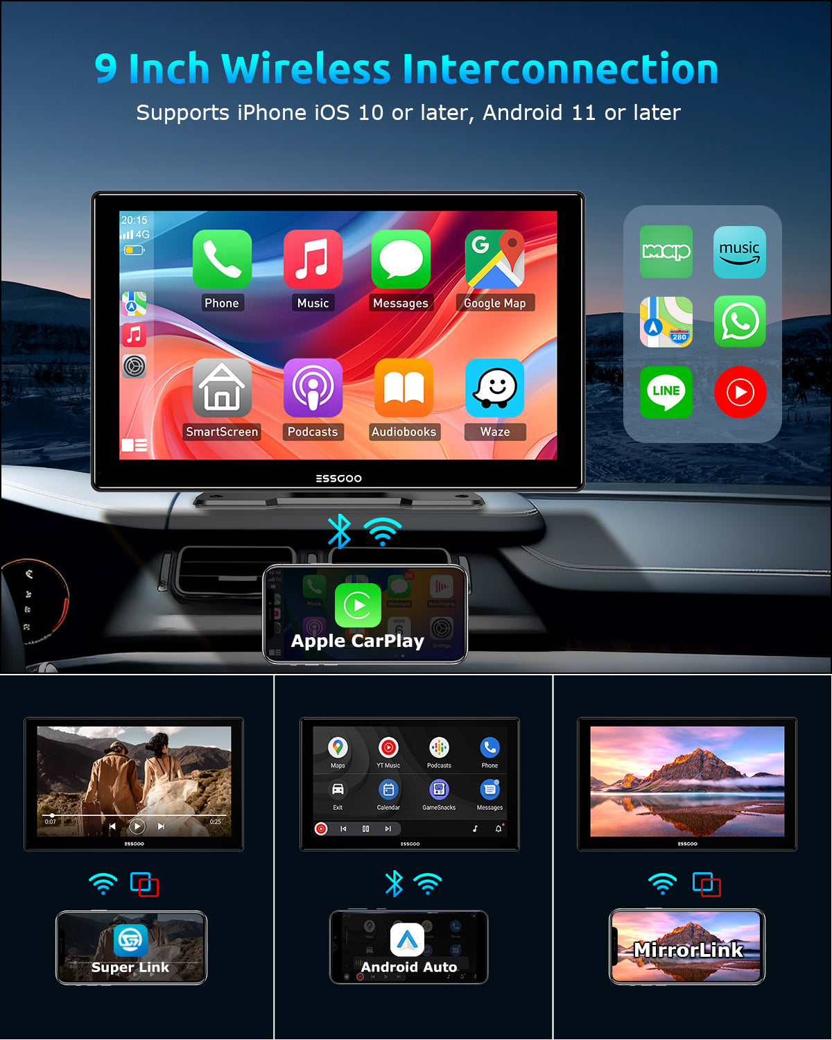 ESSGOO 9 Inch 991CP Wireless CarPlay & Android Auto Display, HD IPS To