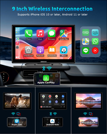 ESSGOO 9 Inch 991CP Wireless CarPlay & Android Auto Display, HD IPS Touchscreen with Mirror Link, Bluetooth Hands-Free Calling, Compatible with Various Vehicle Models - 0