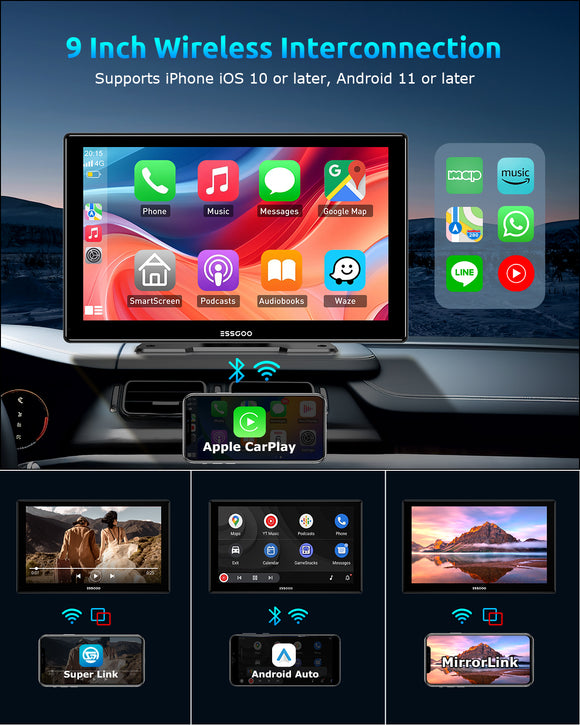 ESSGOO 9 Inch 991CP Wireless CarPlay & Android Auto Display, HD IPS Touchscreen with Mirror Link, Bluetooth Hands-Free Calling, Compatible with Various Vehicle Models