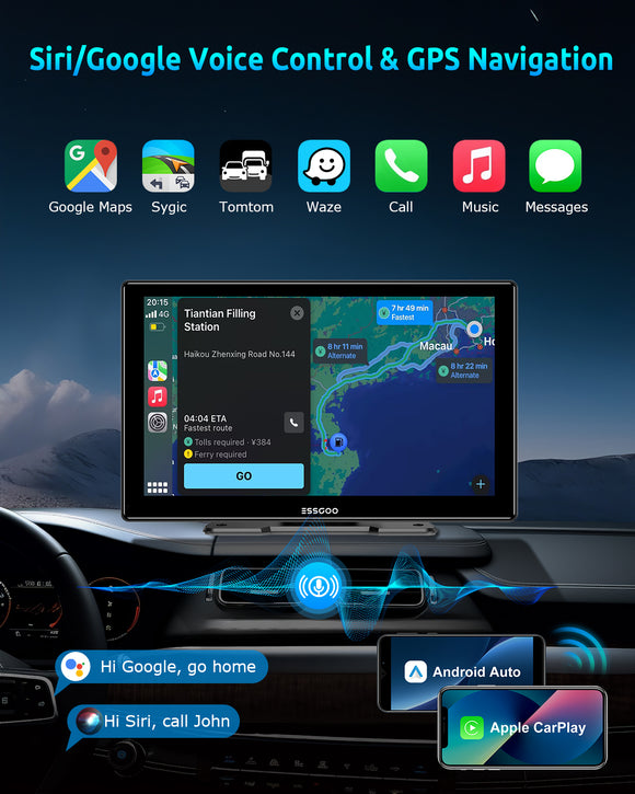 ESSGOO 9 Inch 991CP Wireless CarPlay & Android Auto Display, HD IPS Touchscreen with Mirror Link, Bluetooth Hands-Free Calling, Compatible with Various Vehicle Models