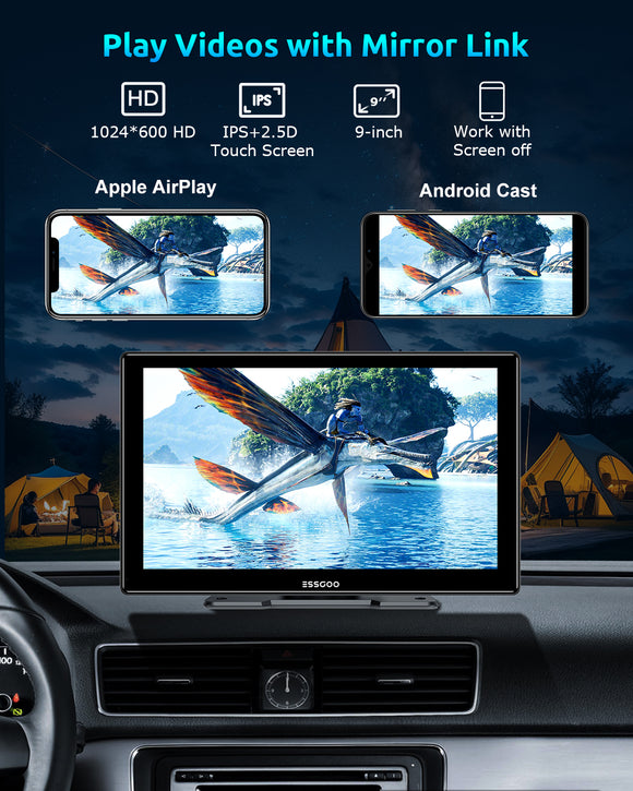 ESSGOO 9 Inch 991CP Wireless CarPlay & Android Auto Display, HD IPS Touchscreen with Mirror Link, Bluetooth Hands-Free Calling, Compatible with Various Vehicle Models