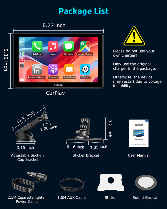ESSGOO 9 Inch 991CP Wireless CarPlay & Android Auto Display, HD IPS Touchscreen with Mirror Link, Bluetooth Hands-Free Calling, Compatible with Various Vehicle Models