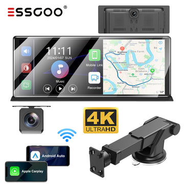 ESSGOO 11.3‑Inch Portable CarPlay Screen, Wireless Apple CarPlay & Android Auto with Built‑in 4K Dash Cam & HD Rear View Backup Camera, OTA Update Bluetooth5.2 Mirror Link Voice Control GPS Navigation FM Radio - 0