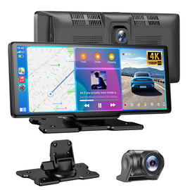 ESSGOO 10.26‑Inch Portable CarPlay Screen, Wireless Apple CarPlay & Android Auto with Built‑in 4K Dash Cam & HD Rear View Backup Camera, OTA Update Bluetooth5.2 Mirror Link Voice Control GPS Navigation FM Radio