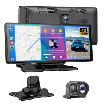 ESSGOO 10.26‑Inch Portable CarPlay Screen, Wireless Apple CarPlay & Android Auto with Built‑in 4K Dash Cam & HD Rear View Backup Camera, OTA Update Bluetooth5.2 Mirror Link Voice Control GPS Navigation FM Radio