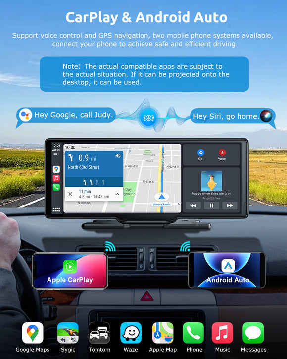 H26 PRO 10.26" 4K Front Dash Cam Portable Wireless CarPlay & Android Auto, Dual Microphone, FM, Support Rear AHD Camera, Fits All Vehicles