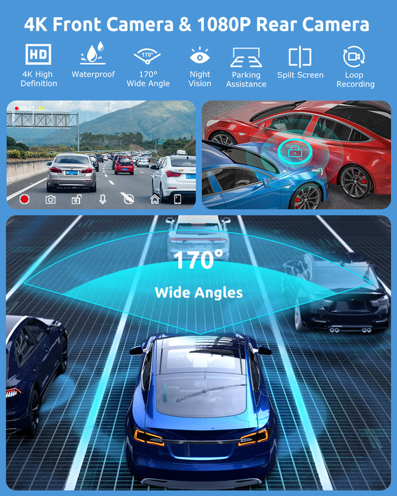 H26 PRO 10.26" 4K Front Dash Cam Portable Wireless CarPlay & Android Auto, Dual Microphone, FM, Support Rear AHD Camera, Fits All Vehicles