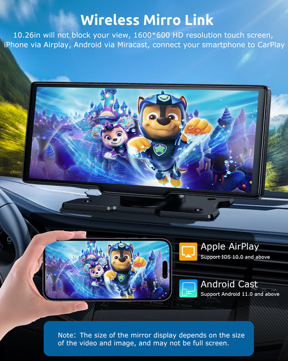 H26 PRO 10.26" 4K Front Dash Cam Portable Wireless CarPlay & Android Auto, Dual Microphone, FM, Support Rear AHD Camera, Fits All Vehicles
