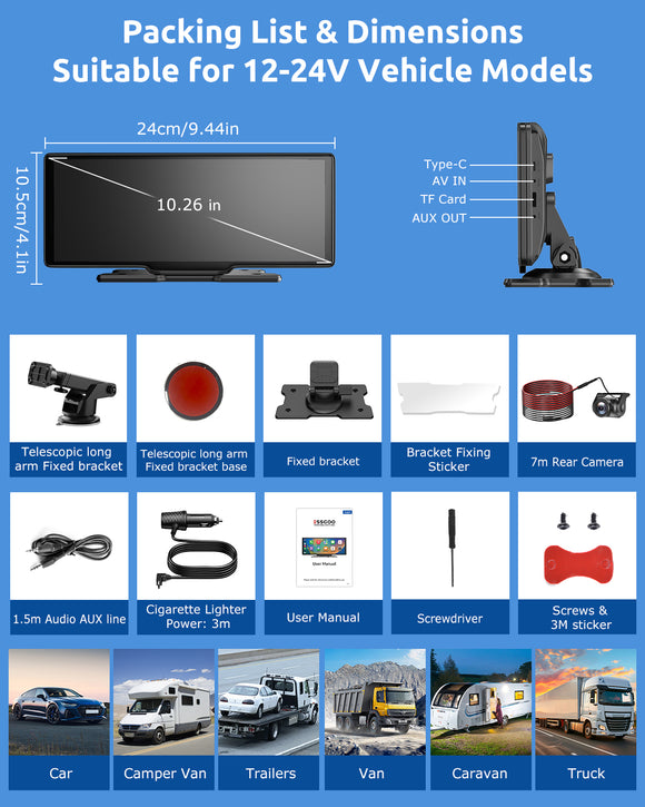 H26 PRO 10.26" 4K Front Dash Cam Portable Wireless CarPlay & Android Auto, Dual Microphone, FM, Support Rear AHD Camera, Fits All Vehicles