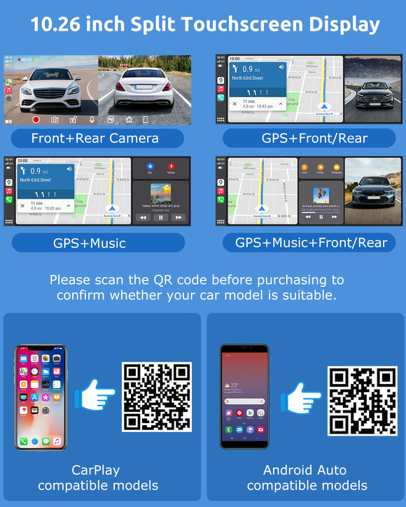 H26 PRO 10.26" 4K Front Dash Cam Portable Wireless CarPlay & Android Auto, Dual Microphone, FM, Support Rear AHD Camera, Fits All Vehicles
