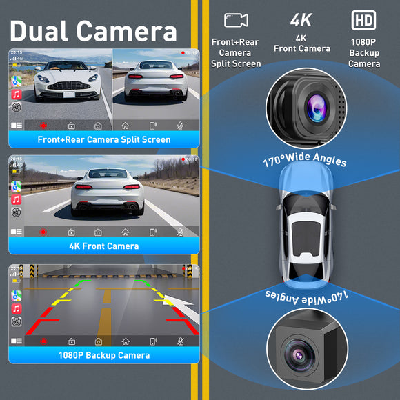 E52 9" Portable Wireless CarPlay & Android Auto, 4K 25fps Front Camera, Siri Assistant, FM, Applicable To Most Models