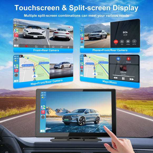 E52 9" Portable Wireless CarPlay & Android Auto, 4K 25fps Front Camera, Siri Assistant, FM, Applicable To Most Models