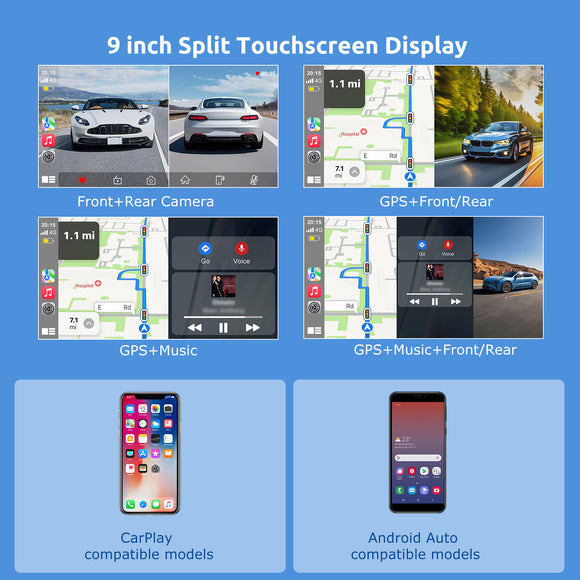 E52 9" Portable Wireless CarPlay & Android Auto, 4K 25fps Front Camera, Siri Assistant, FM, Applicable To Most Models