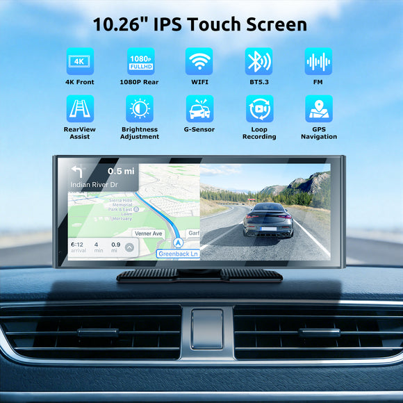 E64 10.26"Portable CarPlay & Android Auto, Dual cameras, FM, Applicable To Most Models