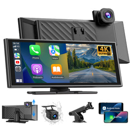ESSGOO 10.26‑Inch Portable CarPlay Screen, Wireless Apple CarPlay & Android Auto with Built‑in 4K Dash Cam & HD Rear View Backup Camera, OTA Update Bluetooth5.2 Mirror Link Voice Control GPS Navigation FM Radio