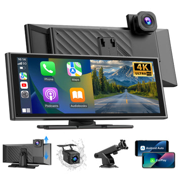 ESSGOO 10.26‑Inch Portable CarPlay Screen, Wireless Apple CarPlay & Android Auto with Built‑in 4K Dash Cam & HD Rear View Backup Camera, OTA Update Bluetooth5.2 Mirror Link Voice Control GPS Navigation FM Radio