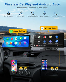 ESSGOO 11.3‑Inch Portable CarPlay Screen, Wireless Apple CarPlay & Android Auto with Built‑in 4K Dash Cam & HD Rear View Backup Camera, OTA Update Bluetooth5.2 Mirror Link Voice Control GPS Navigation FM Radio - 0
