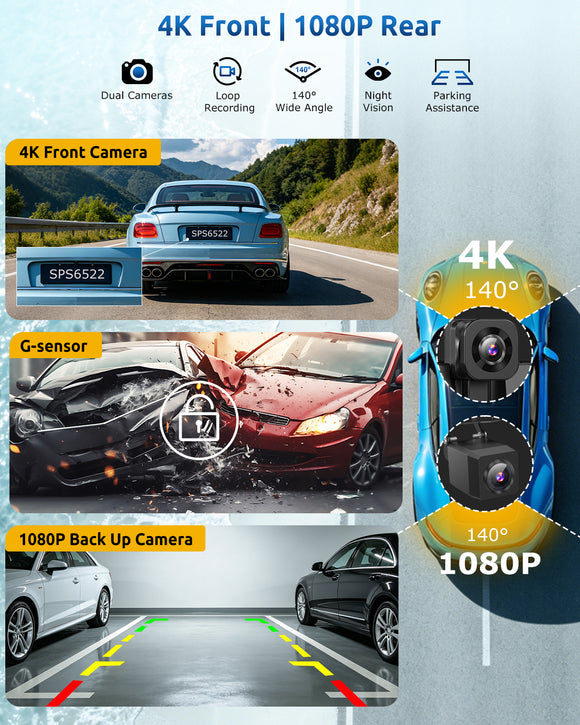 E72 11.3 Inch IPS Touch Screen Car DVR Player, Wireless CarPlay & Android Auto, 4K Front AHD Rear Dash Cam, Bluetooth 5.2 WiFi 5G, OTA Upgrade Split Screen Car Stereo