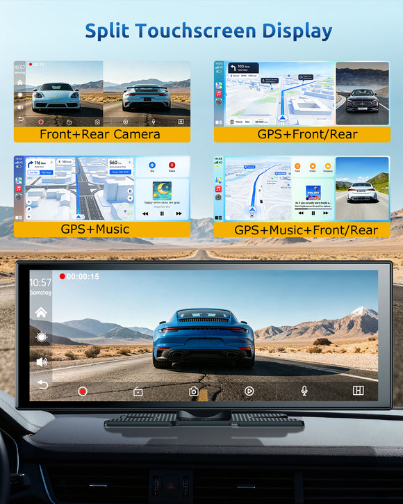 E72 11.3 Inch IPS Touch Screen Car DVR Player, Wireless CarPlay & Android Auto, 4K Front AHD Rear Dash Cam, Bluetooth 5.2 WiFi 5G, OTA Upgrade Split Screen Car Stereo