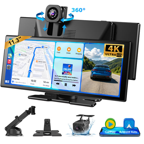 E72 11.3 Inch IPS Touch Screen Car DVR Player, Wireless CarPlay & Android Auto, 4K Front AHD Rear Dash Cam, Bluetooth 5.2 WiFi 5G, OTA Upgrade Split Screen Car Stereo