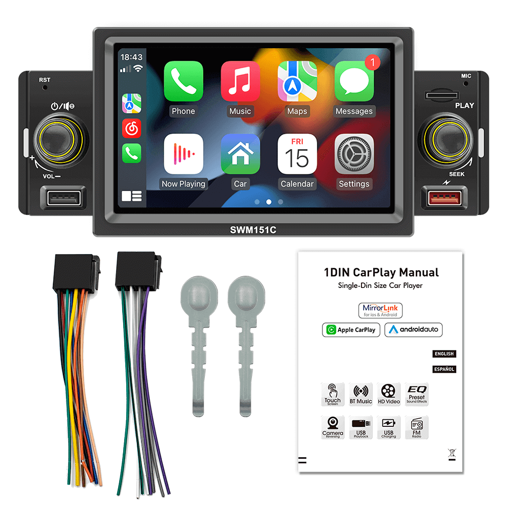 ESSGOO SWM151C | 1 Din Car Audio System Auto Stereo MP5 Player, Wired Android AUTO/Apple CarPlay