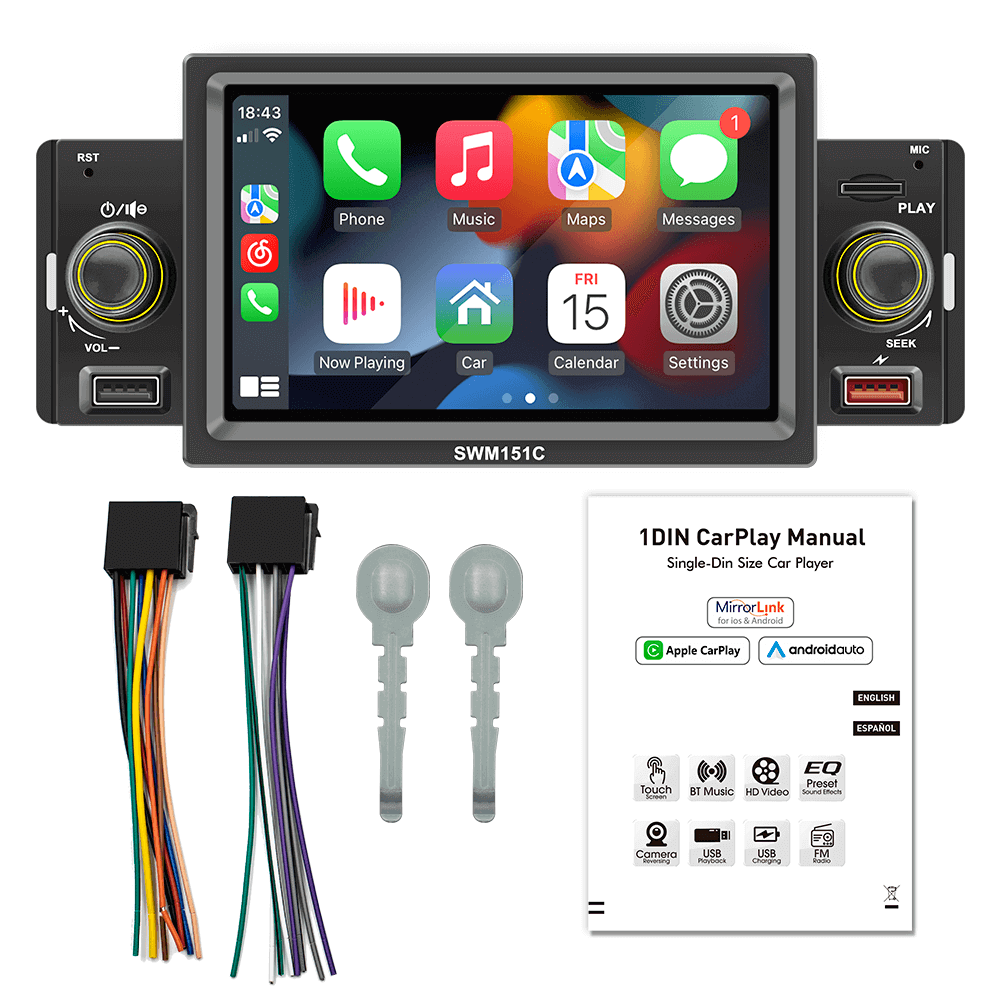 ESSGOO SWM151C  1 Din Car Audio System Auto Stereo MP5 Player, Wired  Android AUTO/Apple CarPlay
