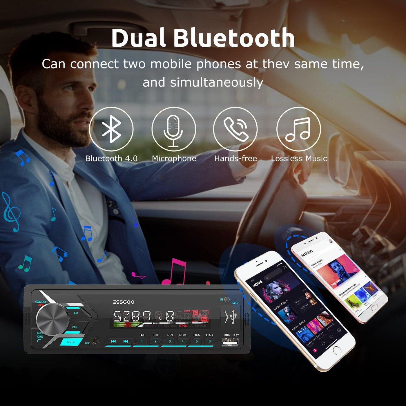 ESSGOO TS0003  Car Stereo Dual Bluetooth USB MP3 Player Sysem