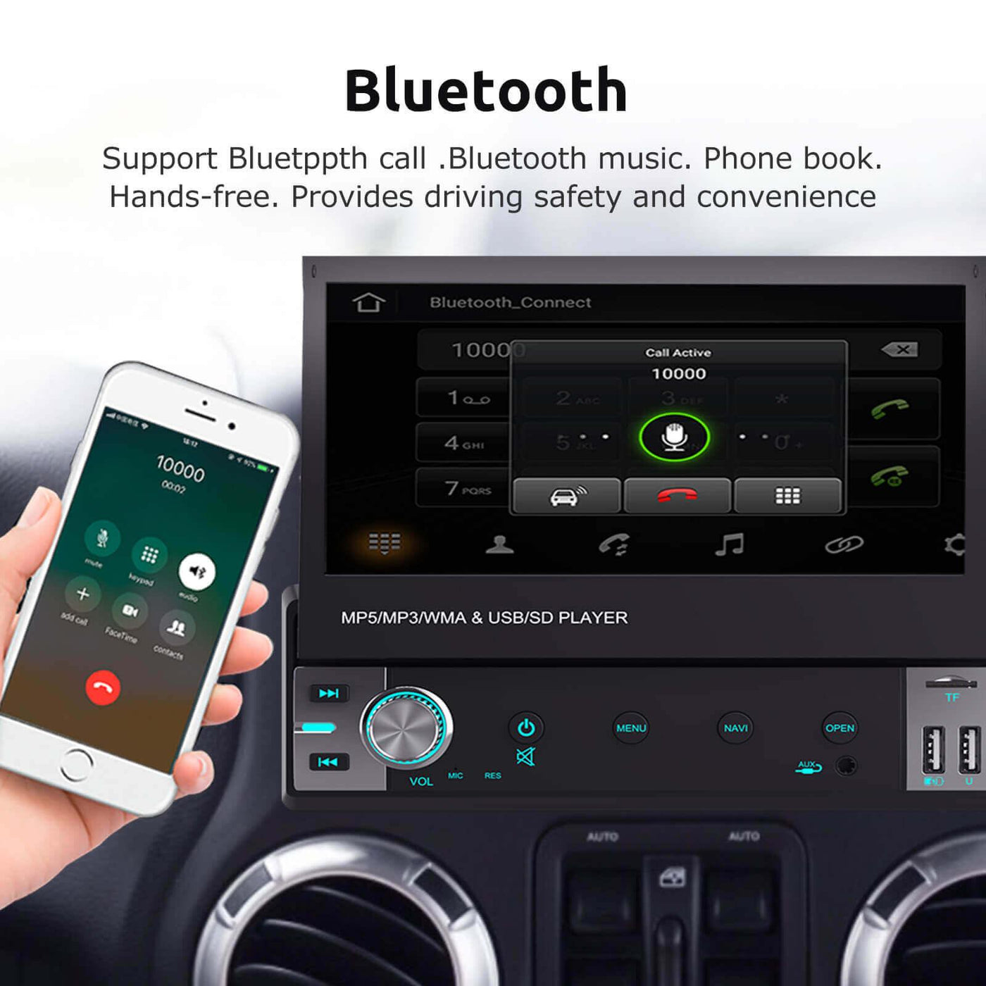Écran pliant pour autoradio 1-Din, Bluetooth