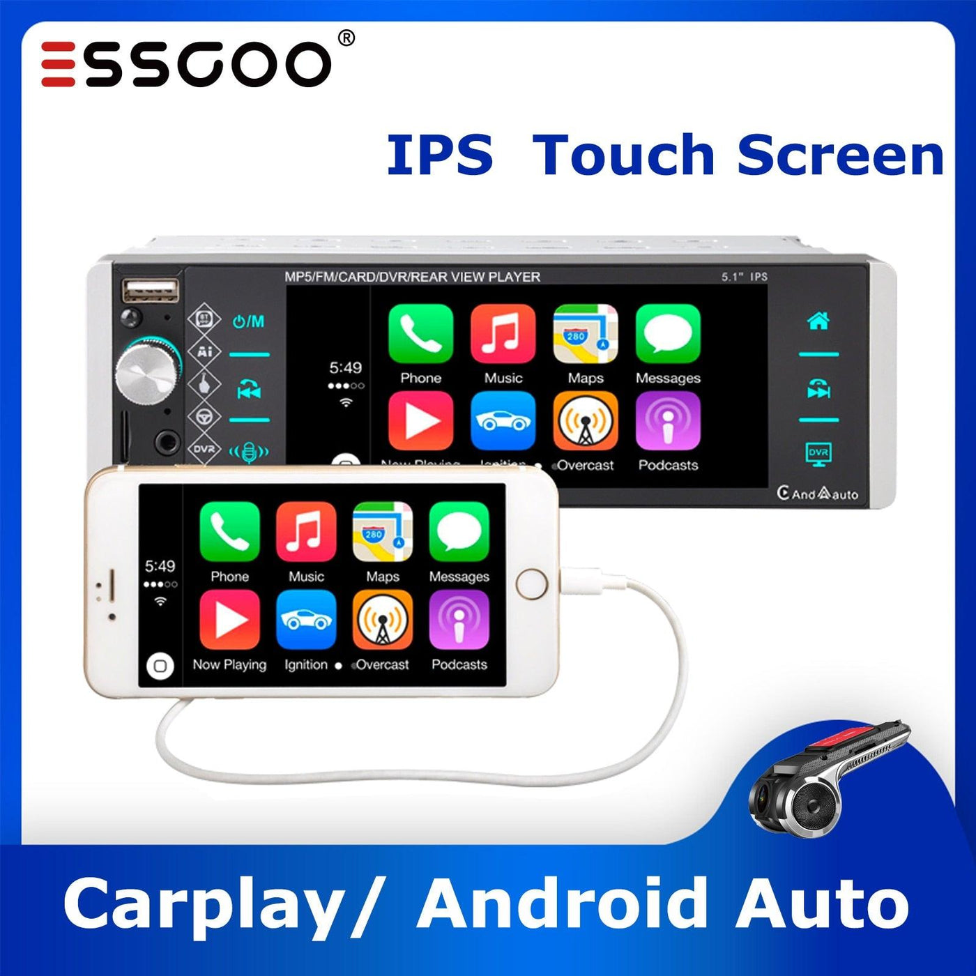 Radio Player 5in Car Stereo Bluetooth Single Din Touch Screen Carplay  Android