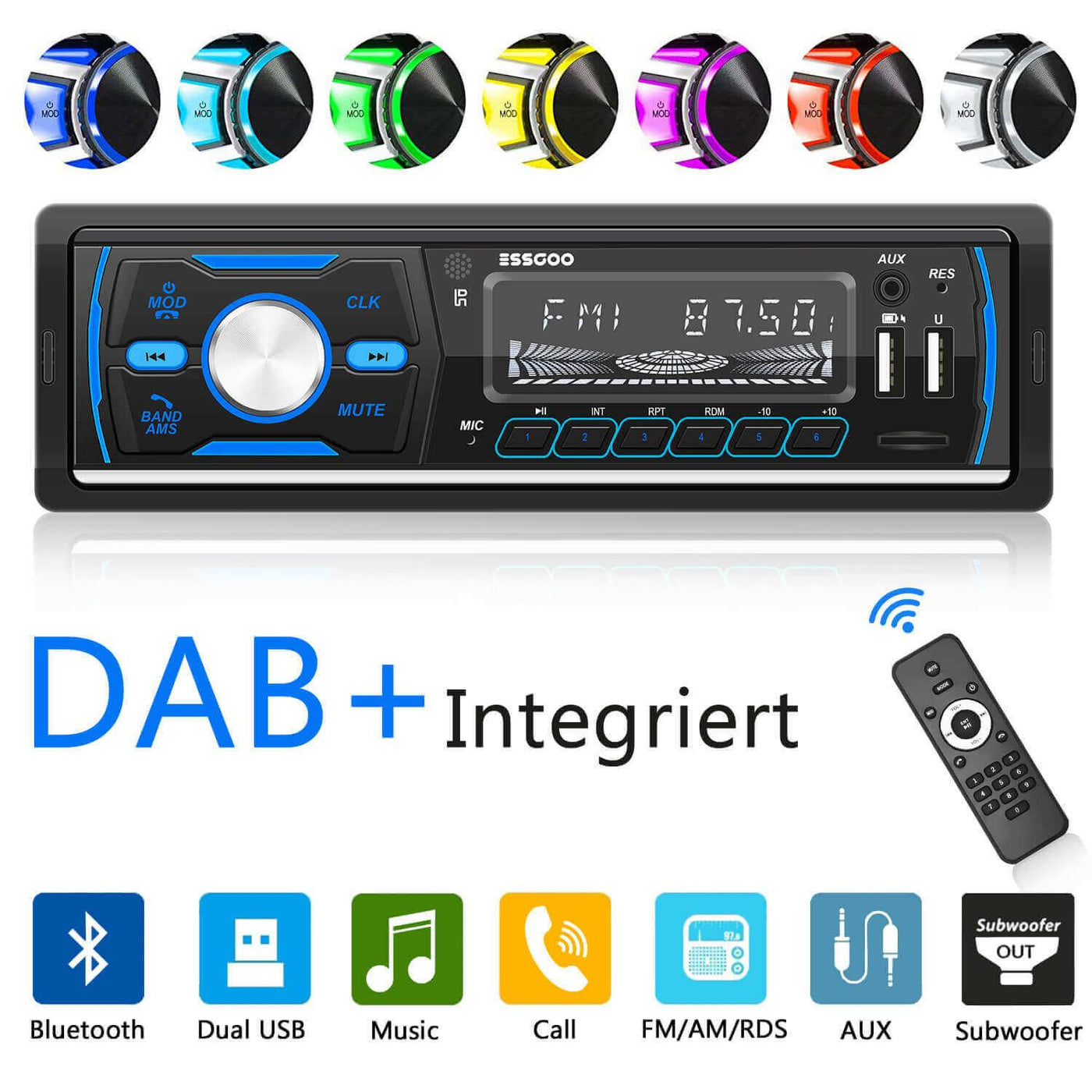  Radio de coche Bluetooth Single DIN Audio estéreo para coche,  reproductor de MP3 estéreo para automóvil 1 DIN con manos libres Bluetooth,  FM/Dual USB/TF/AUX/EQ/carga rápida, con control remoto inalámbrico :  Electrónica