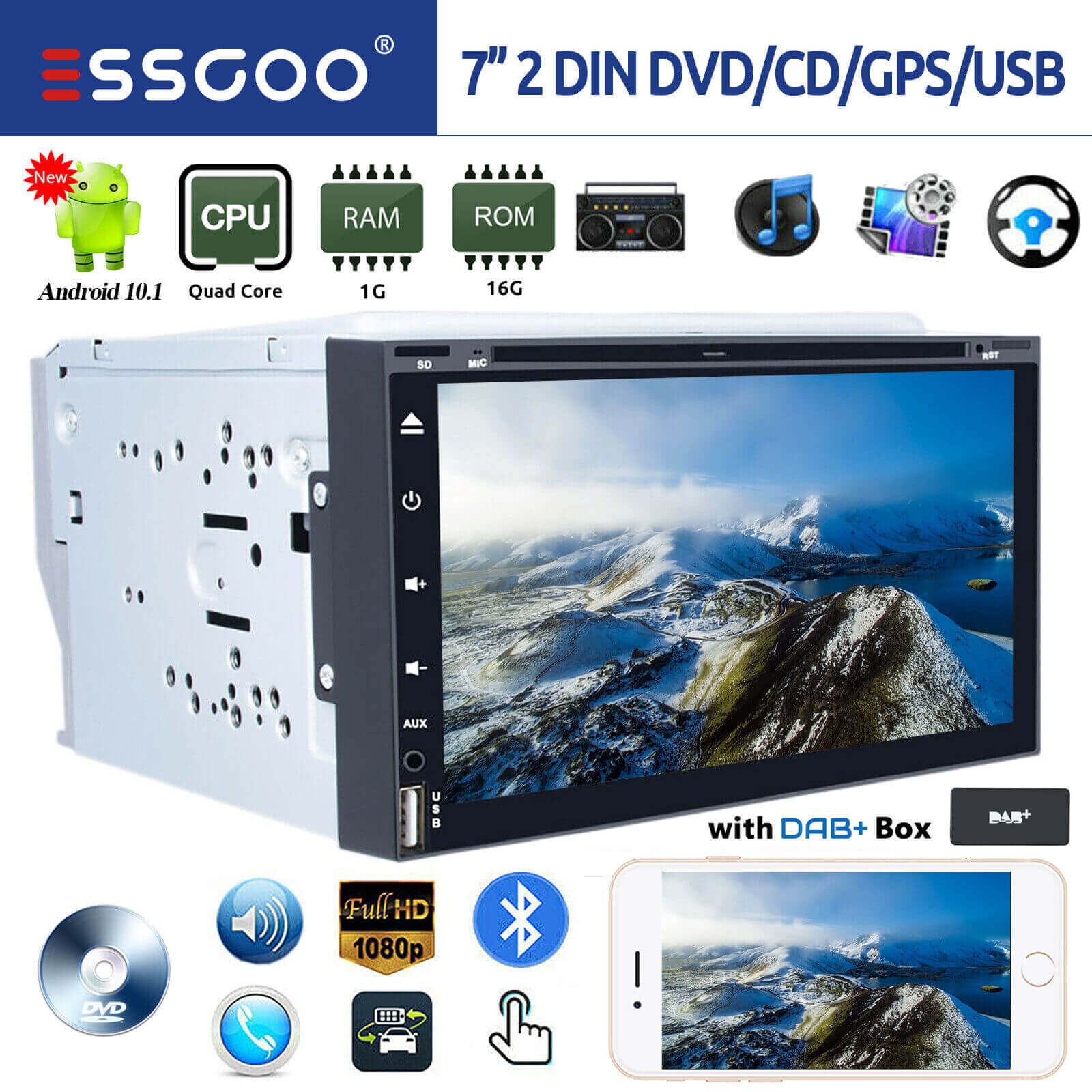 ESSGOO Android 10 Autoradio DAB+ DVD CD Player Bluetooth Navi USB Doppel DIN